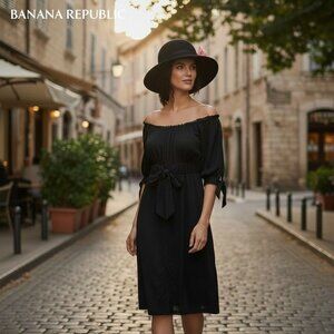 Banana Republic Black Peasant Dress With Tie Waist & Ruffle Neckline Womens Size